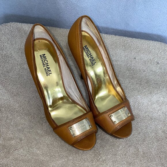 Michael Kors Shoes - Michael Kors Brown Leather Peep Toe Wedges Gold Plate Heels Size 8M